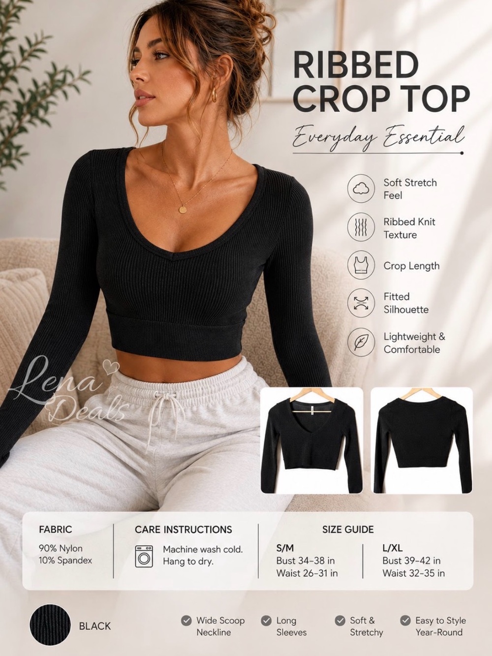 Zenana Heather Ribbed Scoop Neck Crop Top Black Sz S/M - L/XL, long sleeved Soft